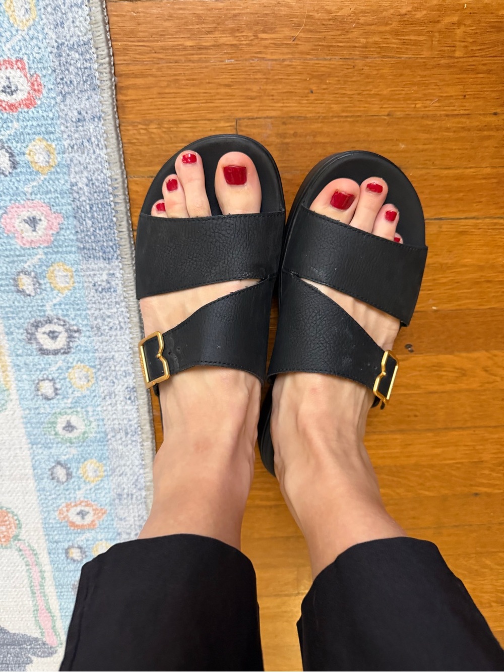 Dr. Scholl's Black Slide Sandals with Gold Buckles
